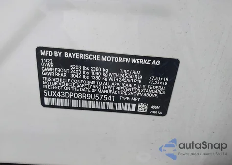 2024 BMW X3 Sdrive30I z USA, uszkodzony, nr VIN 5UX43DP08R9U57541